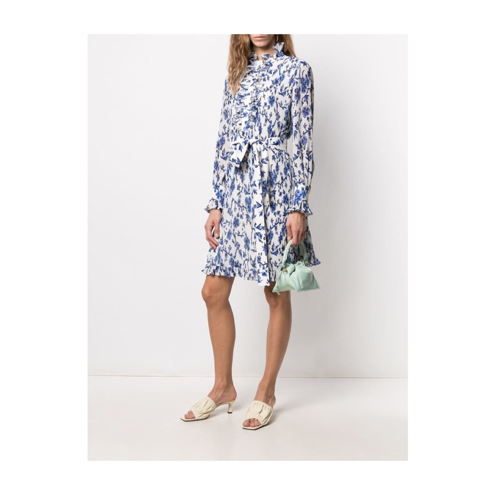 Tory Burch Deneuve Belted Ruffle Blue and White Floral Dress - size 10